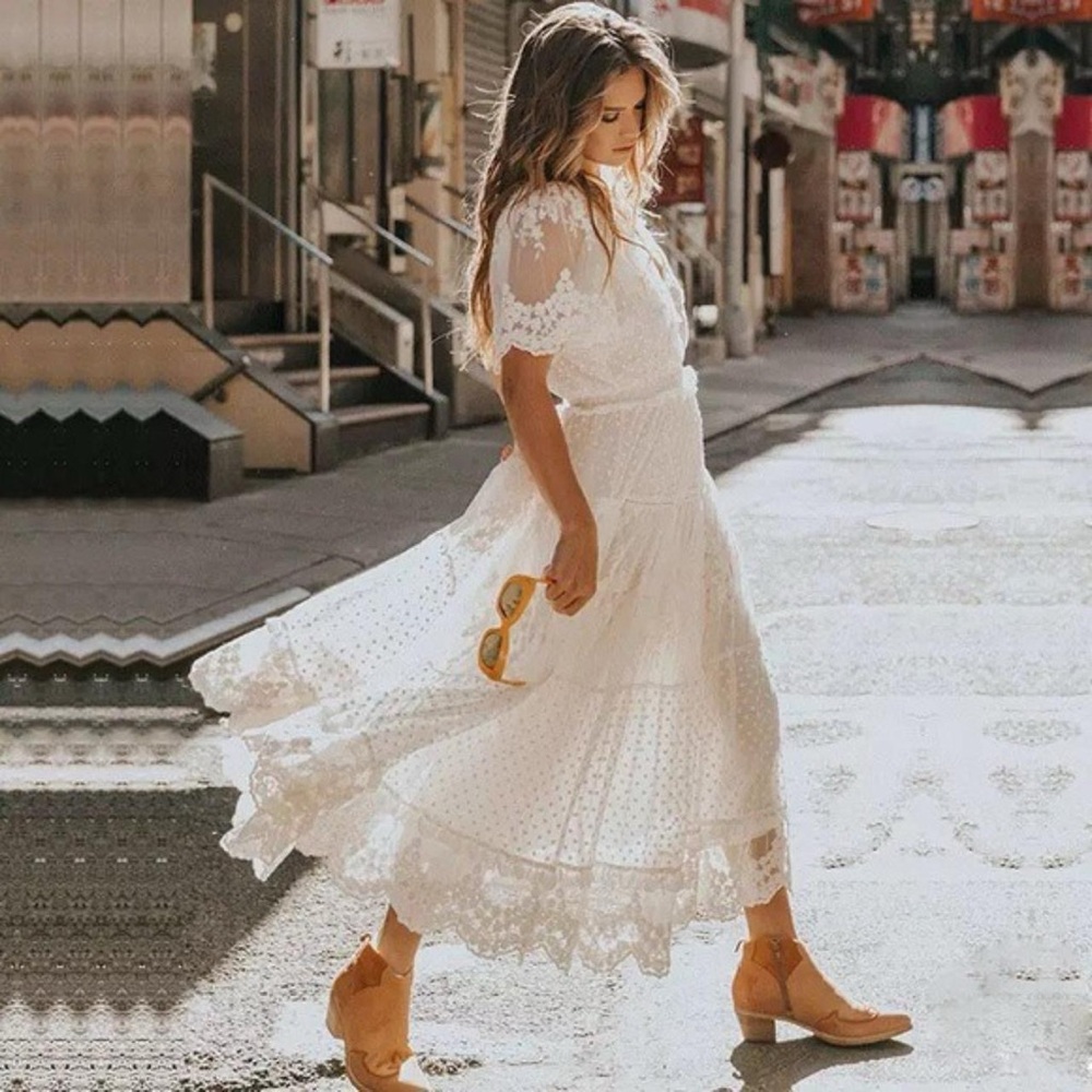 NEW Women's White Lace V-neck Semi-Sheer Short Sleeve Maxi Dress